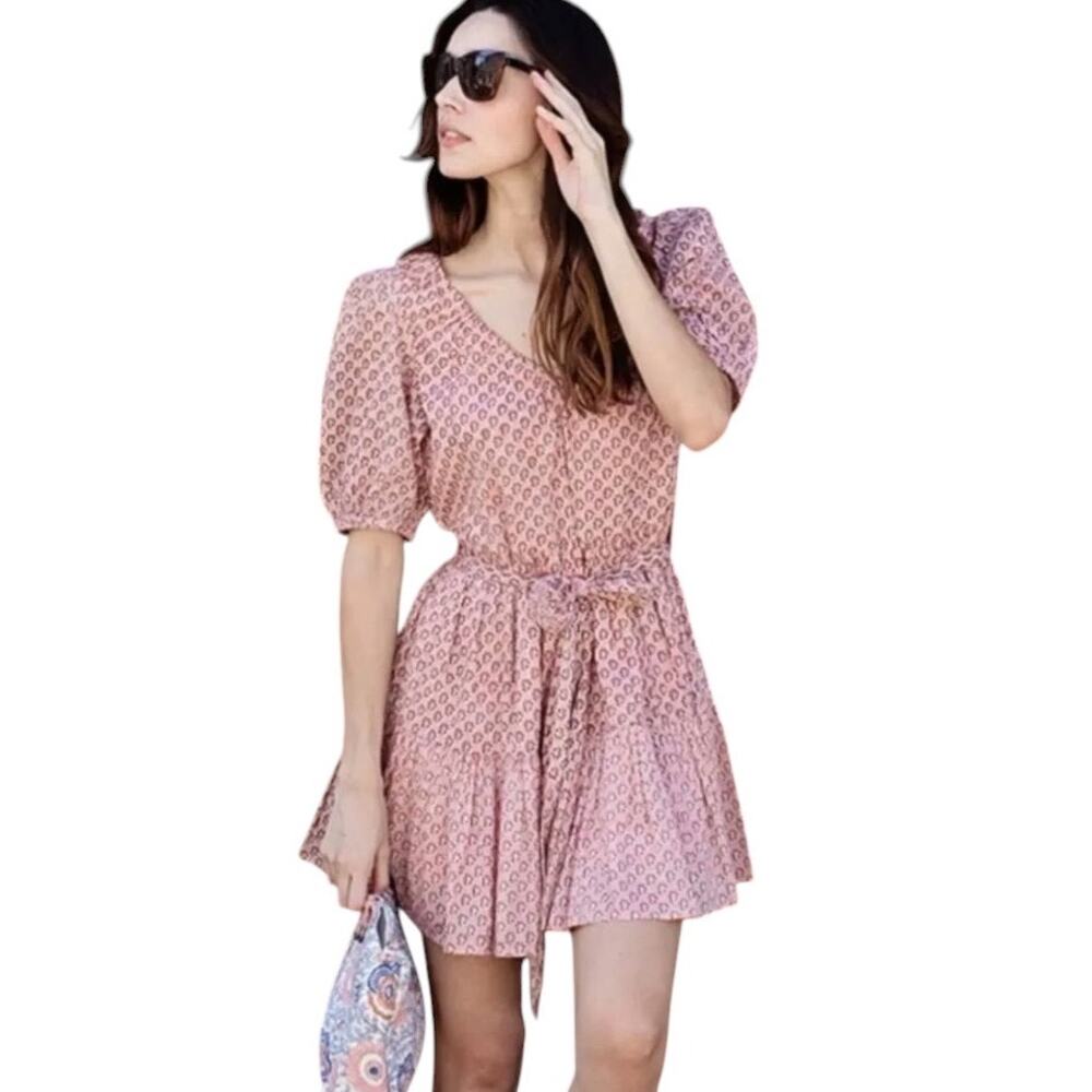 Pink Chicken Emily Belted Puff Sleeve Dress Dusty Pink Floral Lisbon Ditsy Large